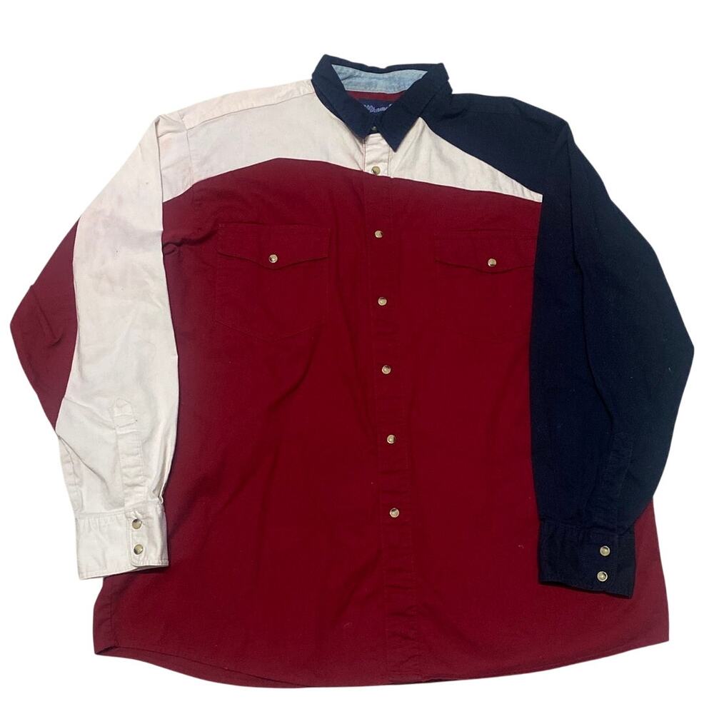 Vtg Wrangler Colorblock Pearl Snap Western Shirt XL Red White Navy